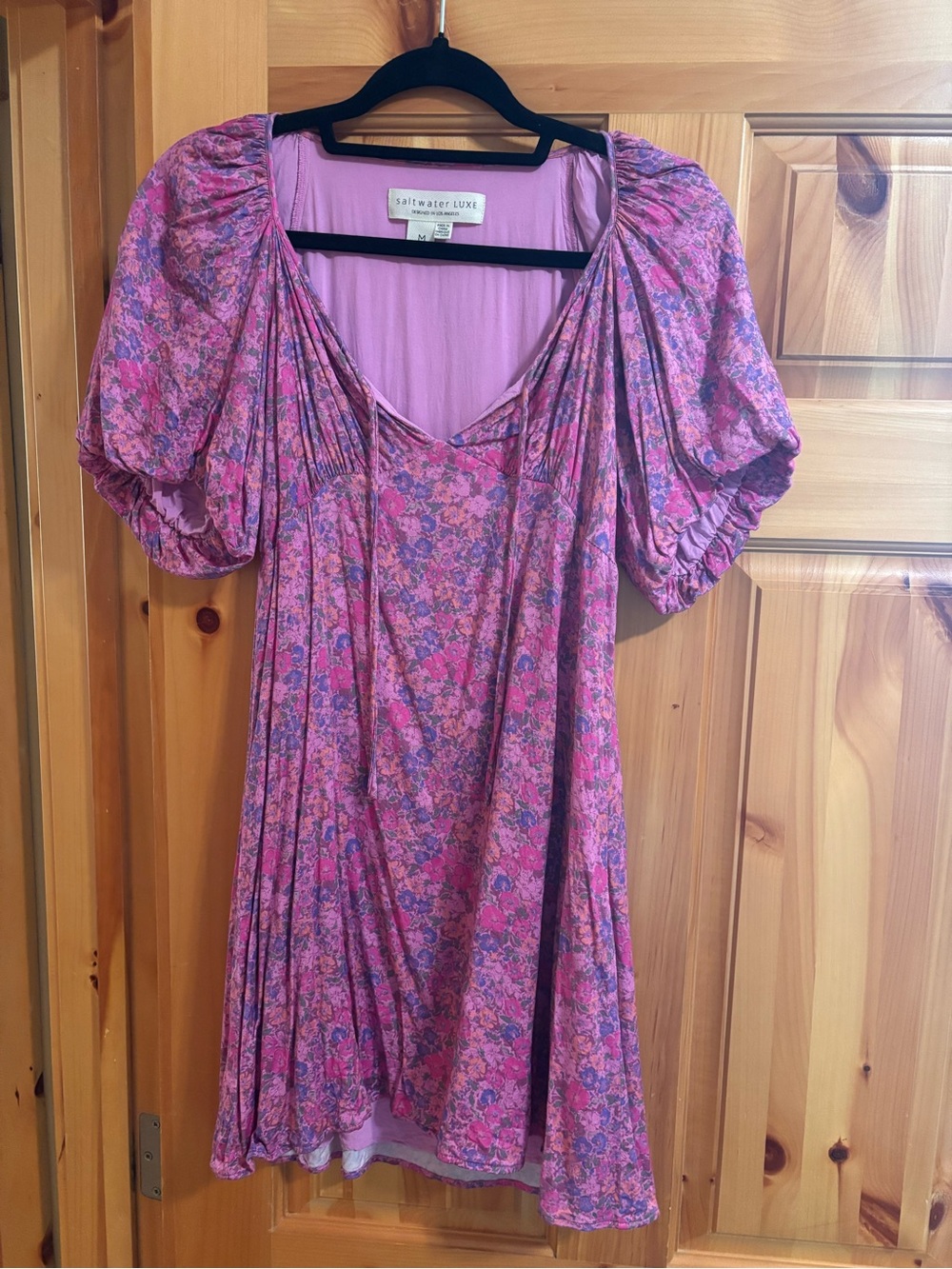 saltwater LUXE Pink Floral Tie-Front Puff Sleeve Mini Dress - Picture 2 of 4